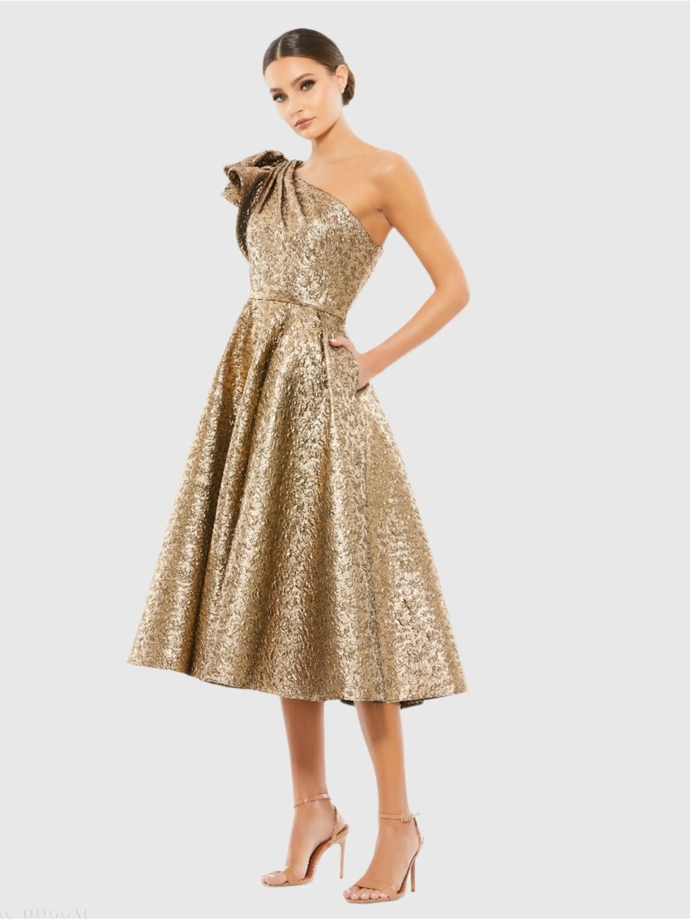 Mac Duggal Gold One Shoulder Bow Midi Dress With Pockets Size 10 NEW